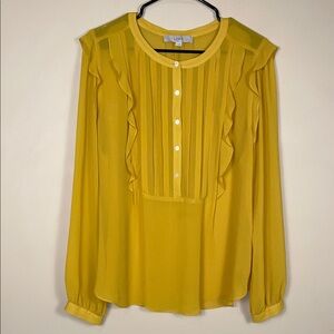 LOFT Women’s Merigold Yellow Pleated Ruffle Sheer Buttons Long Sleeve Blouse